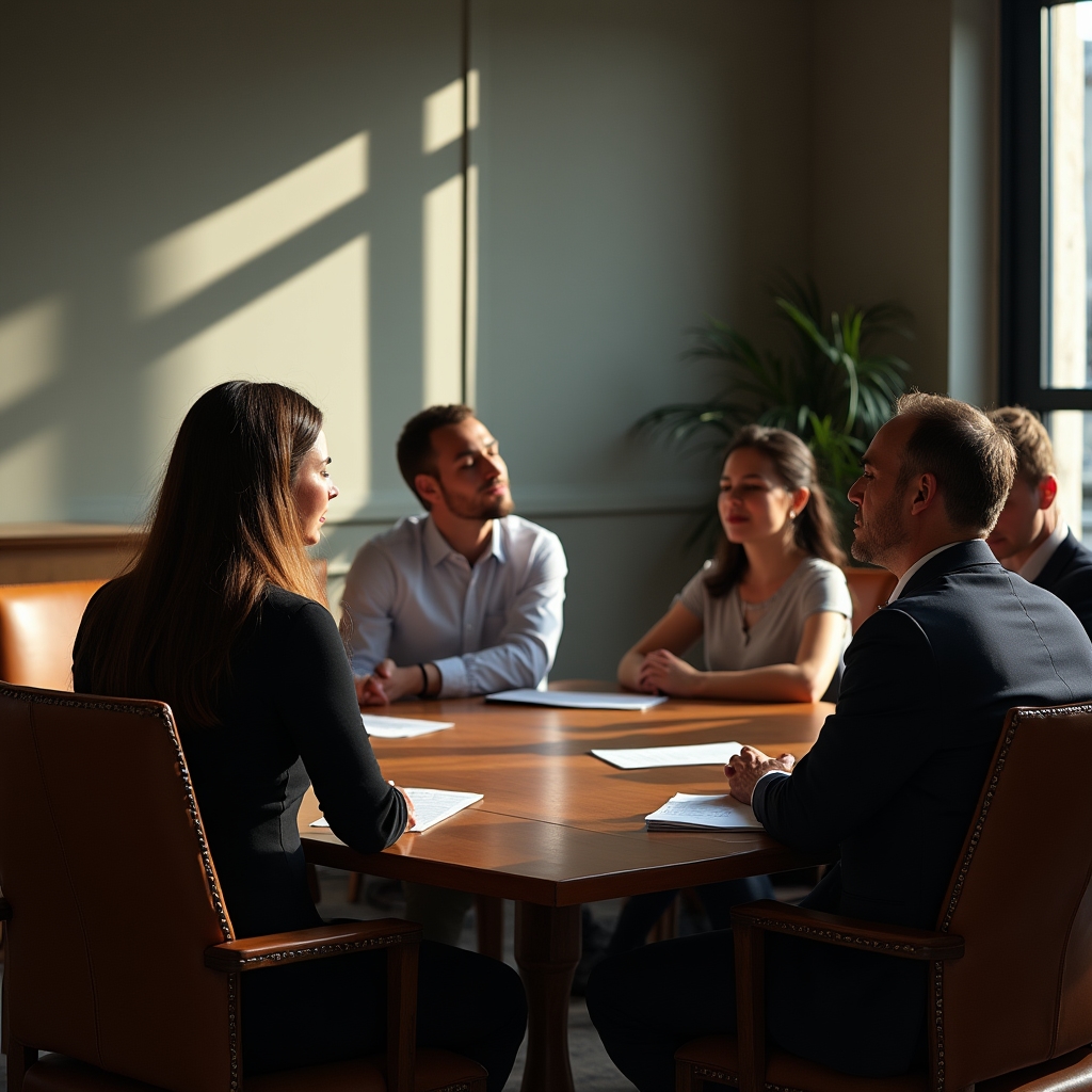 Small group of professionals participating in a workplace breathing workshop around a conference table