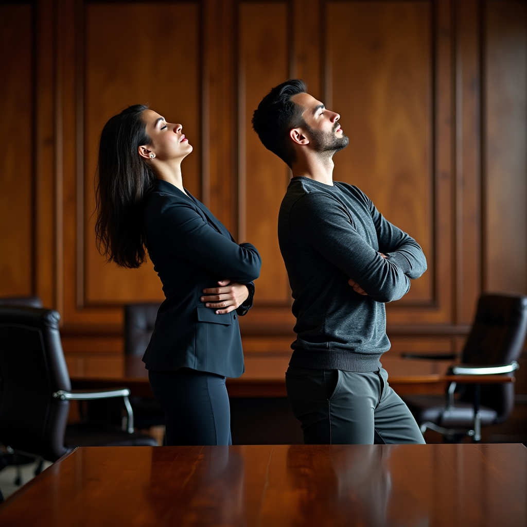 Two colleagues doing a standing body awareness stretch beside a conference table