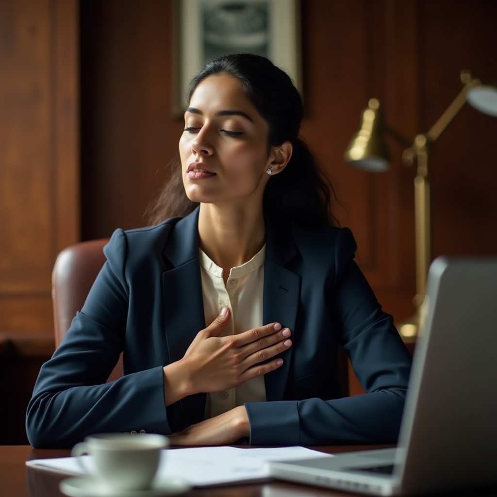 Professional pausing at a desk to practice a short breathing exercise between tasks