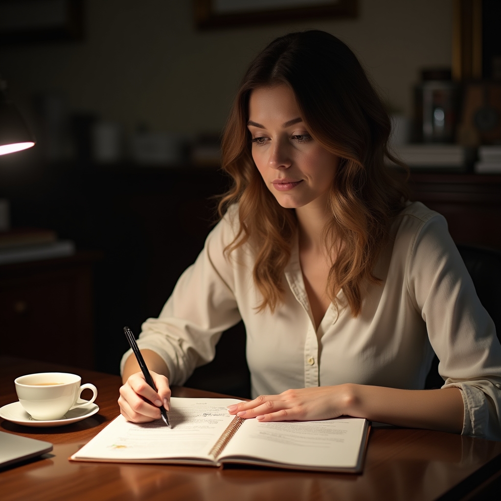 Person writing notes in a notebook while planning a daily mindfulness routine at a desk