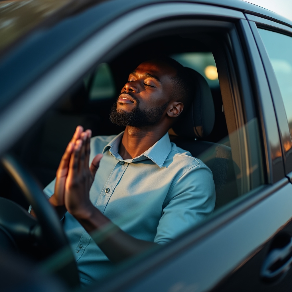 Professional practicing a calming breathing technique while seated in a parked car before starting the workday