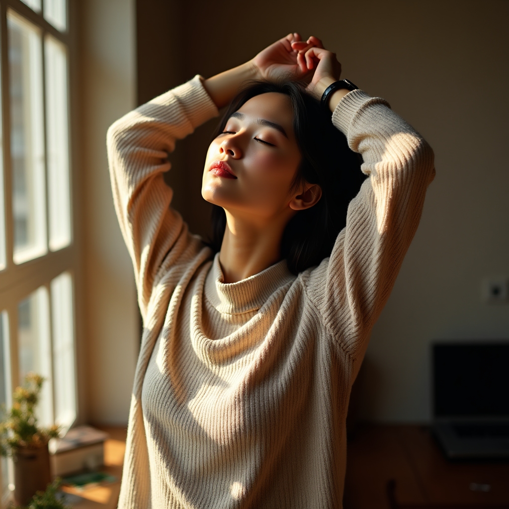 Professional stretching gently at a home desk during a short morning routine